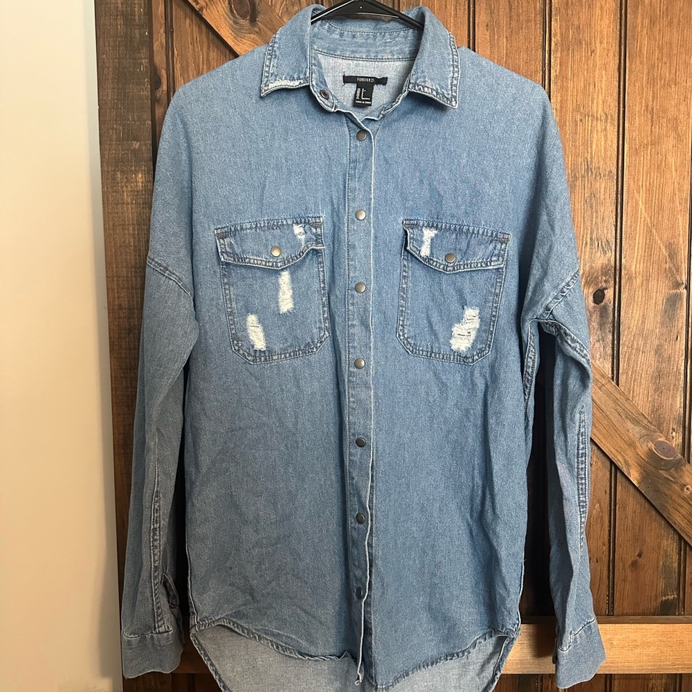 Forever 21 Distressed Blue Denim Shirt